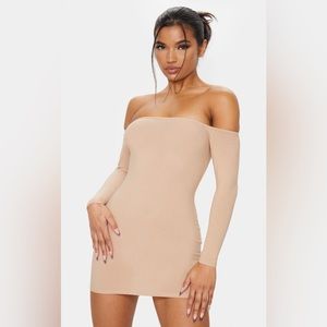Pretty Little Thing Stone Bardot Bodycon Dress NWT